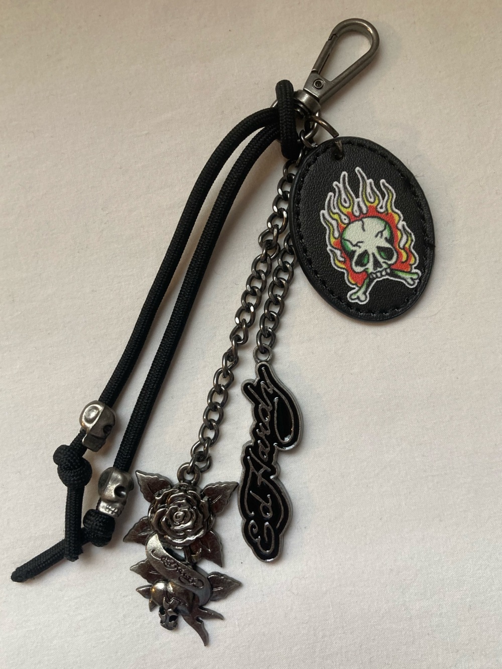 Ed Hardy Black Flame Skull Keychain with Red and Yellow Accent